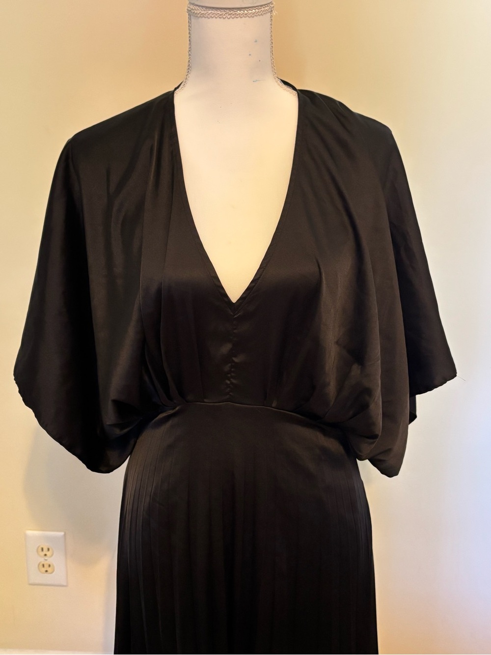 Black Satin V-Neck Women's Midi Dress